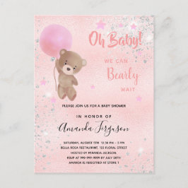 Postal De Invitación Bebé ducha oso de peluche chica purpurina rosa