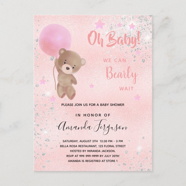 Postal De Invitación Bebé ducha oso de peluche chica purpurina rosa (Anverso)