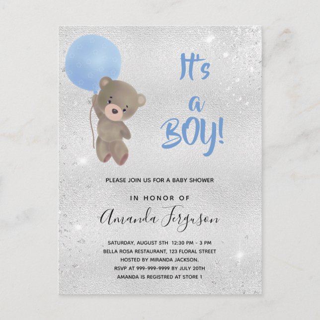 Postal De Invitación Bebé ducha oso de peluche niño plata azul (Anverso)