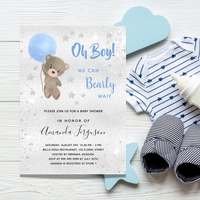 Postal De Invitación Bebé ducha oso de peluche niño plata azul (Subido por el creador)