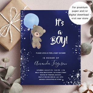 Postal De Invitación Bebé ducha oso de peluche niño purpurina azul