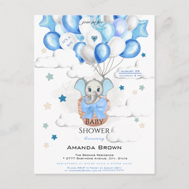 Postal De Invitación Bebé lindo elefante globo cesto niño Baby Shower (Anverso)