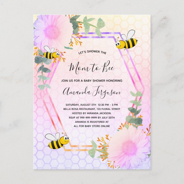 Postal De Invitación Bee Bebé ducha chica vegetación floral mamá a la a (Anverso)