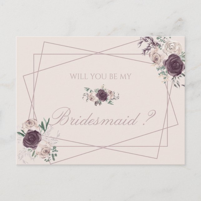 Postal De Invitación Beige Borgoña Rosa Serás Mi Novia (Anverso)