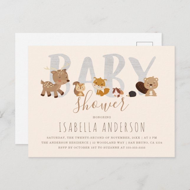 Postal De Invitación Beige | Cute Woodland Animals Neutral Baby Shower (Anverso / Reverso)