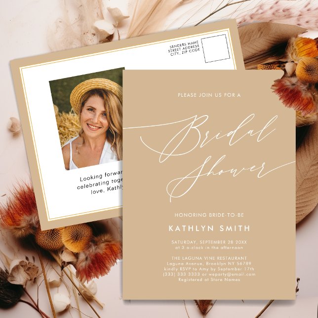 Postal De Invitación Beige Elegant Script Moderno Ducha Bridal (Subido por el creador)