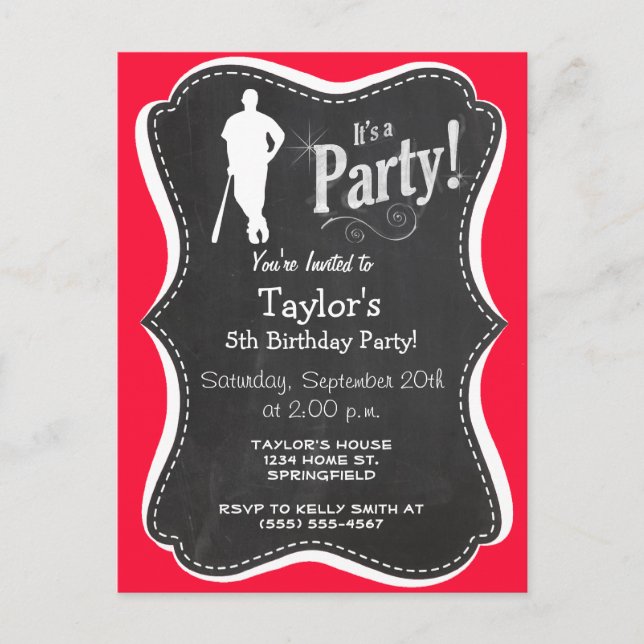 Postal De Invitación Béisbol Rojo Escarlata; Softbol (Anverso)