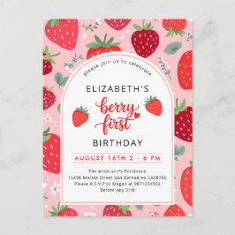 Postal De Invitación Berry First Cute Primer Cumpleaños Chica de fresas
