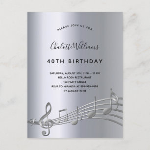 Postal De Invitación Billetes de cumpleaños con música plateada metaliz