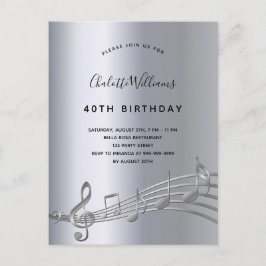 Postal De Invitación Billetes de cumpleaños con música plateada metaliz