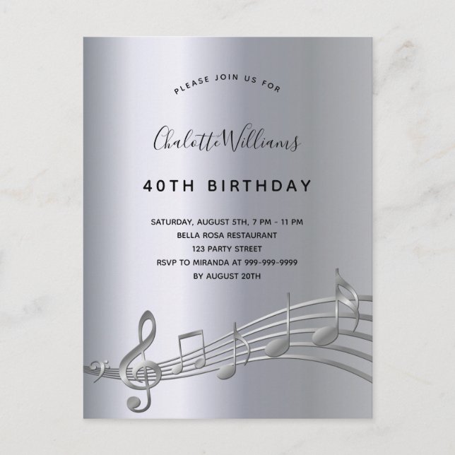 Postal De Invitación Billetes de cumpleaños con música plateada metaliz (Anverso)