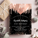 Postal De Invitación Birthday black rose gold glitter balloons<br><div class="desc">A black background. Decorated with rose gold,  blush faux glitter drips,  paint dripping look and balloons.  Personalize and add a name,  age 21 and party details. The name is written with a hand lettered style script</div>