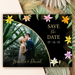 Postal De Invitación Black and Gold Tropical Lily Photo Save the Date