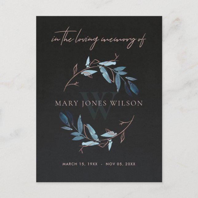 POSTAL DE INVITACIÓN BLACK BLUE PINK FOLIAGE WREATH MEMORIAL THANK YOU (Anverso)