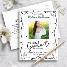 Black Doodles Graduation Save the Date Photo White