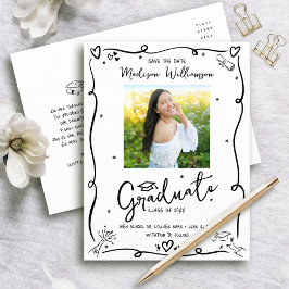 Postal De Invitación Black Doodles Graduation Save the Date Photo White