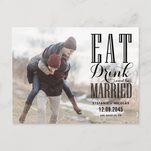 Postal De Invitación Black Eat Drink and Be Married Foto Guardar la Fec (Anverso)