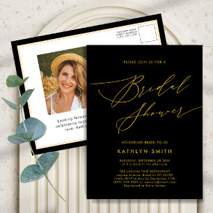 Postal De Invitación Black Gold Elegant Script Moderno Bridal Shower