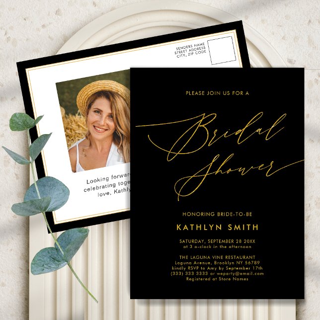 Postal De Invitación Black Gold Elegant Script Moderno Bridal Shower (Subido por el creador)