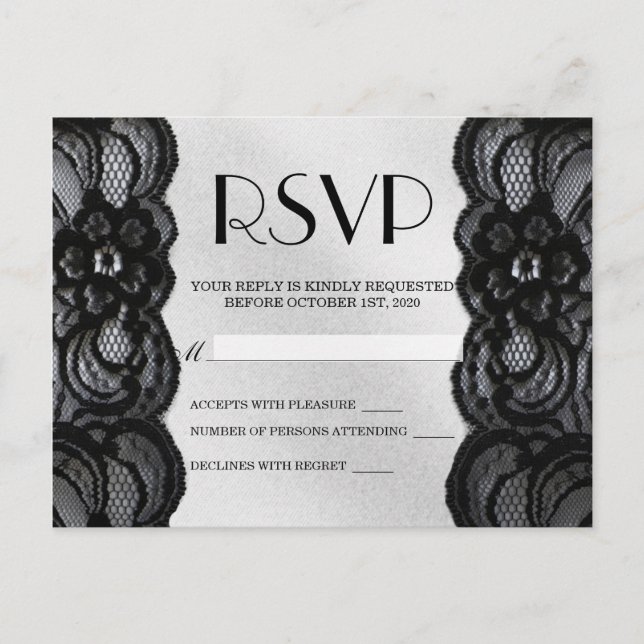 Postal De Invitación Black Lace y Satin RSVP (Anverso)
