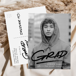 Postal De Invitación Black Modern Dashed Grad Photo Graduation Party