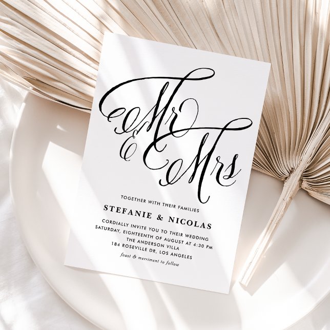 Postal De Invitación Black Mr. y la Sra. Rustic Calligraphy Boda (Black Mrs and Mrs Rustic Calligraphy Wedding Invitation Postcard)