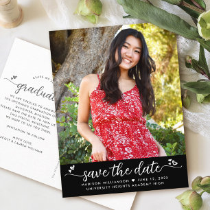Postal De Invitación Black Save the Date Graduation Photo Script Hearts