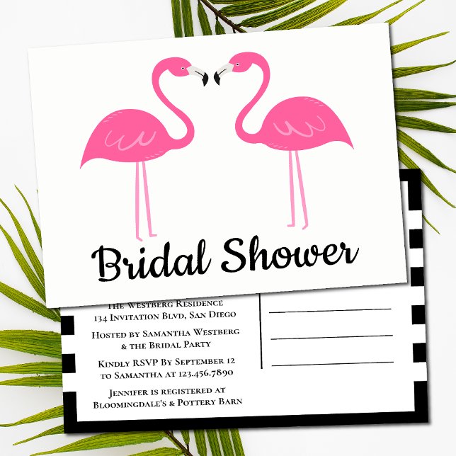 Postal De Invitación Black Tropical Beach Pink Flamingo Bridal Shower (Subido por el creador)