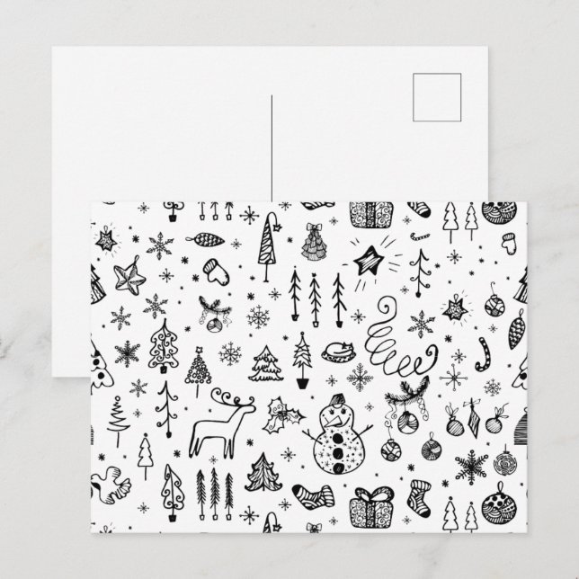 Postal De Invitación Black & White Christmas Icons Pattern – Cute  (Anverso / Reverso)