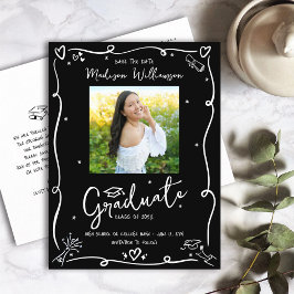 Postal De Invitación Black White Doodles Save the Date Graduation Photo