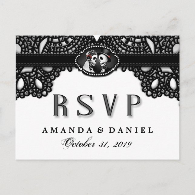Postal De Invitación Black White Elegance Halloween Skeletons RSVP (Anverso)