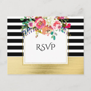 Postal De Invitación Black White Gold Modern Floral Glam Wedding RSVP