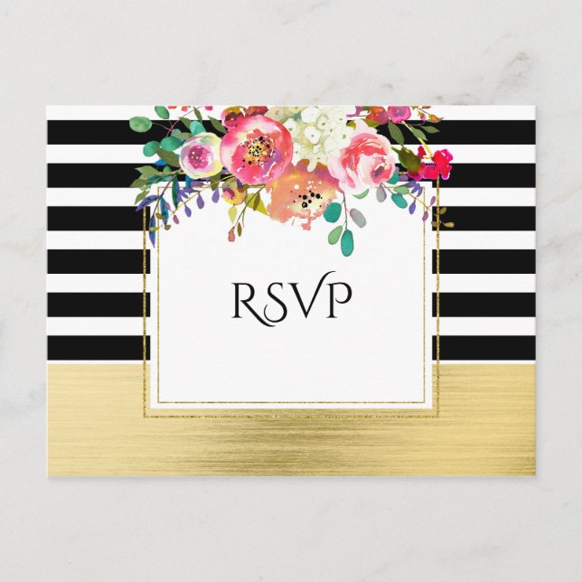 Postal De Invitación Black White Gold Modern Floral Glam Wedding RSVP (Anverso)