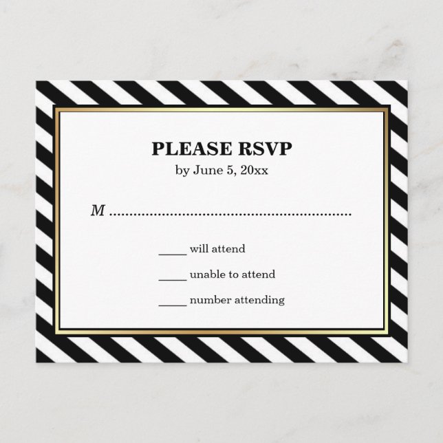 Postal De Invitación Black White Gold Modern Glam Stripes RSVP (Anverso)