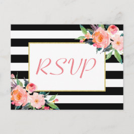 Postal De Invitación Black White Stripes Floral Gold Wedding RSVP Respu
