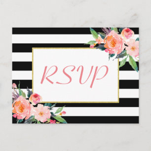Postal De Invitación Black White Stripes Floral Gold Wedding RSVP Respu