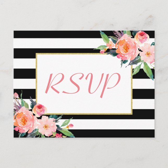 Postal De Invitación Black White Stripes Floral Gold Wedding RSVP Respu (Anverso)