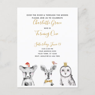 Postal De Invitación Black White Yellow Script Woodland Birday Party