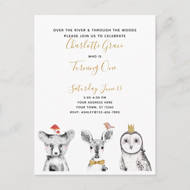 Postal De Invitación Black White Yellow Script Woodland Birday Party (Anverso)