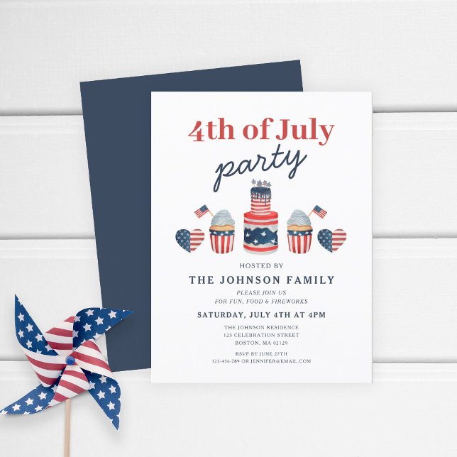 Postal De Invitación Blanco Rojo Cuto Y Azul 4 De Julio Fiesta (Patriotic Cute Red White & Blue Cake 4th Of July Invitation Postcard)