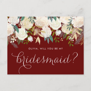 Postal De Invitación Blandas Marfil Floral Garland Red Be My Bridesmaid