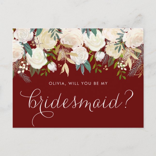 Postal De Invitación Blandas Marfil Floral Garland Red Be My Bridesmaid (Anverso)