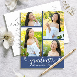 Postal De Invitación Blue 4 Photo Graduation Modern Girly Script Hearts