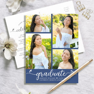 Postal De Invitación Blue 4 Photo Graduation Modern Girly Script Hearts