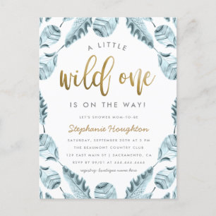 Postal De Invitación Blue Boho Feathers Gold Wild One Boy Baby Shower