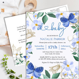 Postal De Invitación Blue Butterfly Floral Foliage Boy Baby Shower