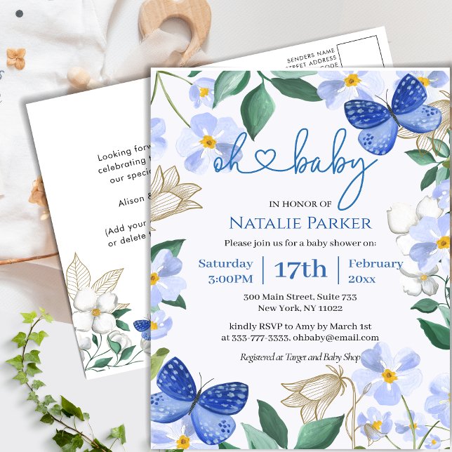 Postal De Invitación Blue Butterfly Floral Foliage Boy Baby Shower (Subido por el creador)