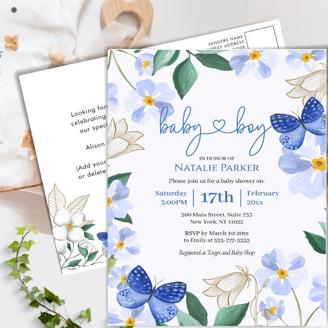 Postal De Invitación Blue Butterfly Floral Foliage Boy Baby Shower (Subido por el creador)