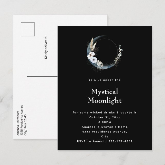 Postal De Invitación Blue Crescent Moon White Floween Party (Anverso / Reverso)