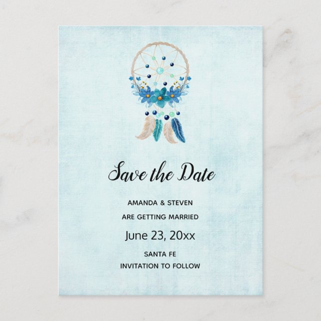 Postal De Invitación Blue Dreamcatcher Stylish Boho Save the Date (Anverso)